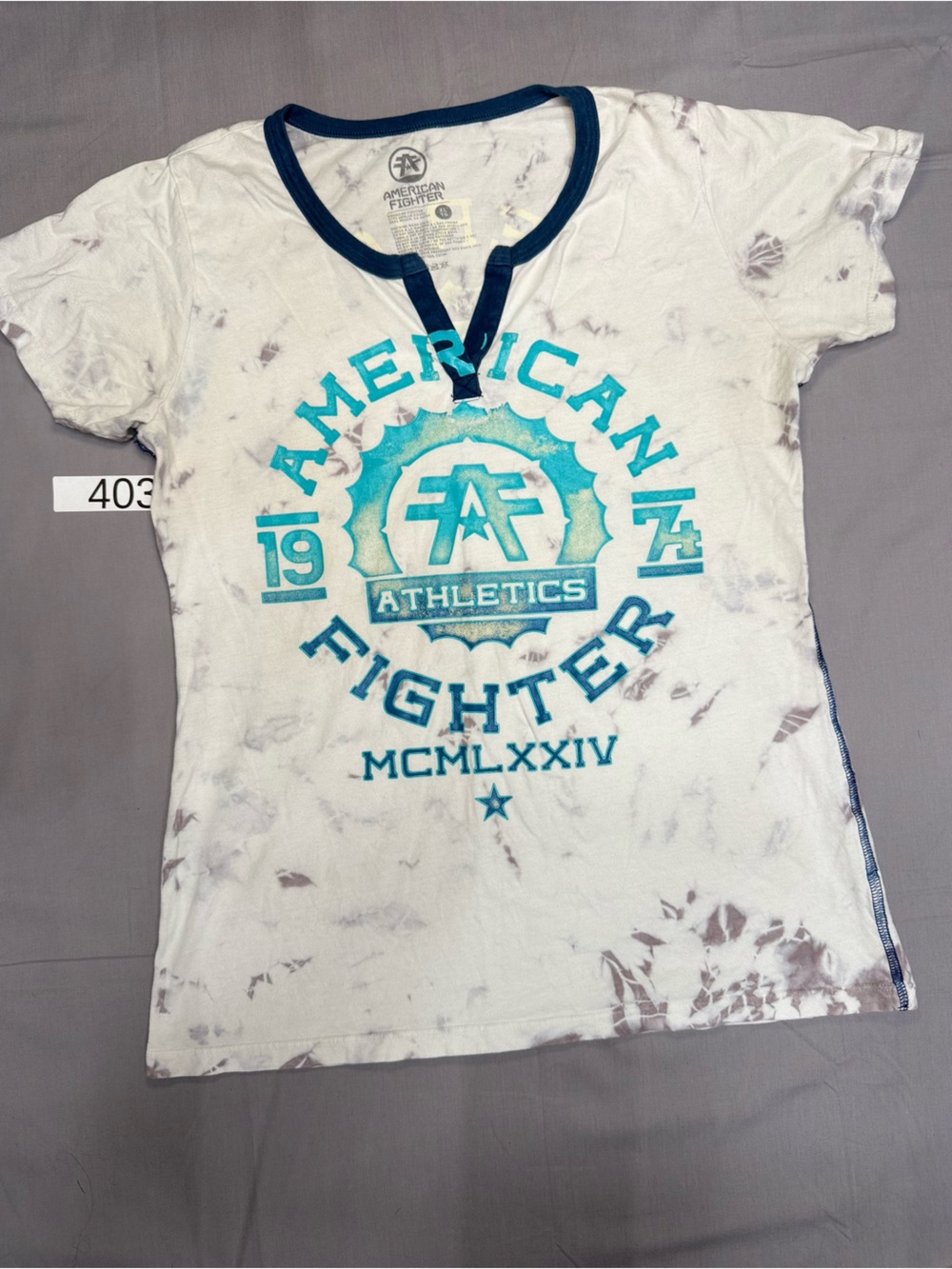 American Fighter Kids White Tee with Teal Graphic and Navy Trim